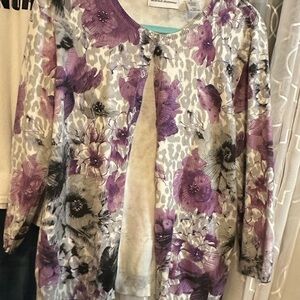 Alfred Dunner Jeweled Floral Button Up, Three Quarter Sleeved Sweater
